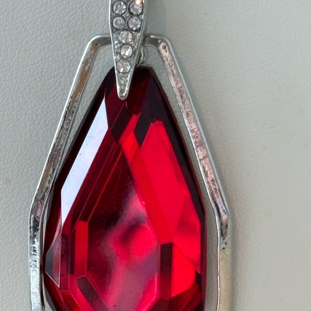 Large red pendant necklace/ silver tone chain/ measures 36 in length - Picture 12 of 14